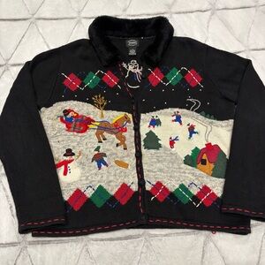 Designers Studio Originals Ugly Sweater Zip Up Faux Fur Holiday Women’s M Knit